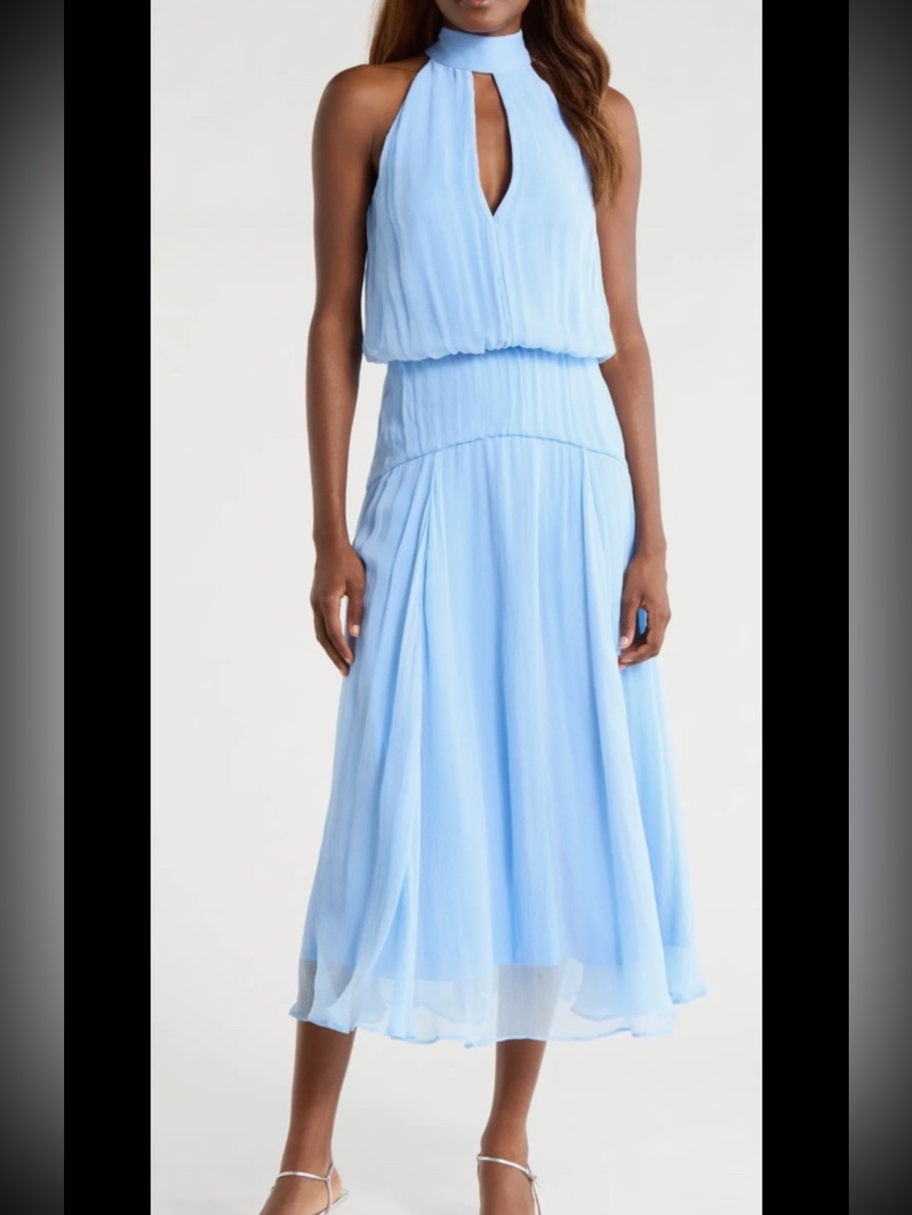 Staud Crinkled 100% Silk Chiffon/crepe Lining Midi Dress, Sz 6, New, Blue,$595
